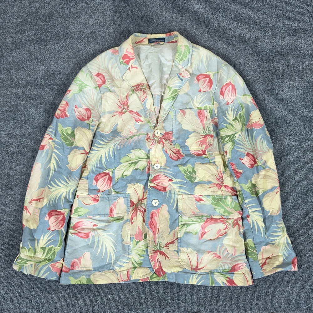 90s Polo Ralph Lauren Floral Linen Blazer Men 44R Custom Fit Tropical Sport Coat